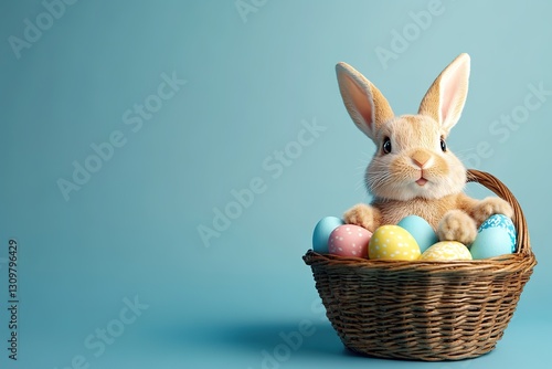 Cute brown Easter bunny sitting in a wicker basket filled with colorful Easter eggs on a light blue background. Festive spring holiday celebration. photo