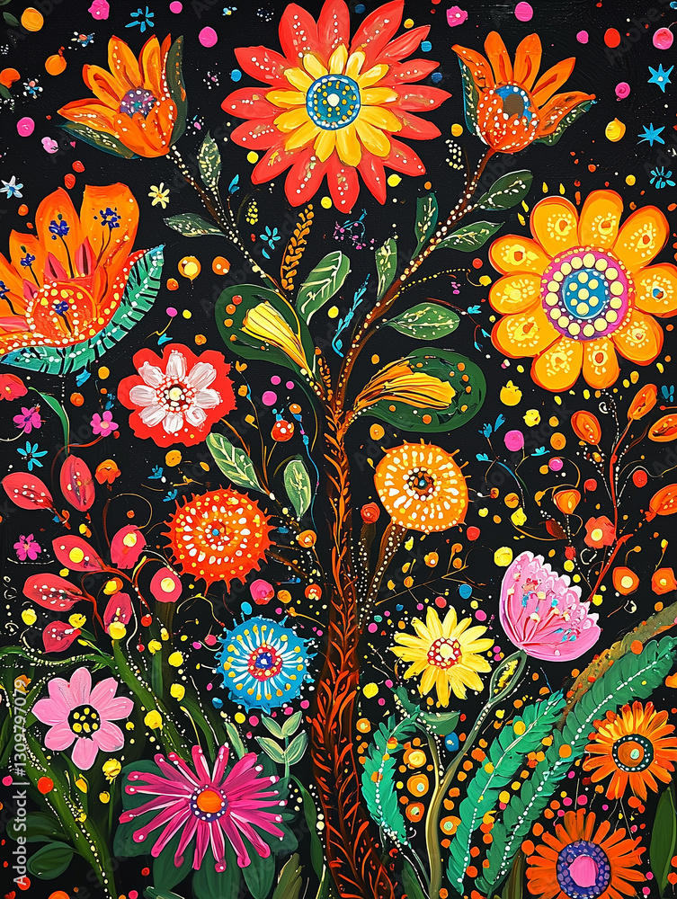 Naklejka premium Colorful floral painting featuring vibrant flowers and intricate details set against a dark background