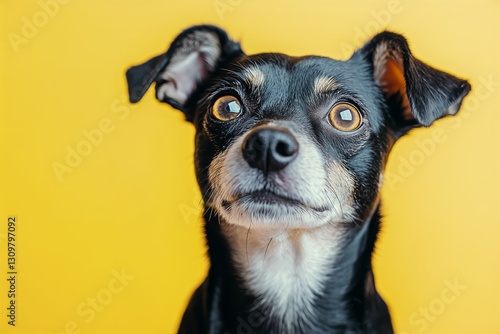 Cute Small Dog With Expressive Eyes in Front of a Bright Yellow Background