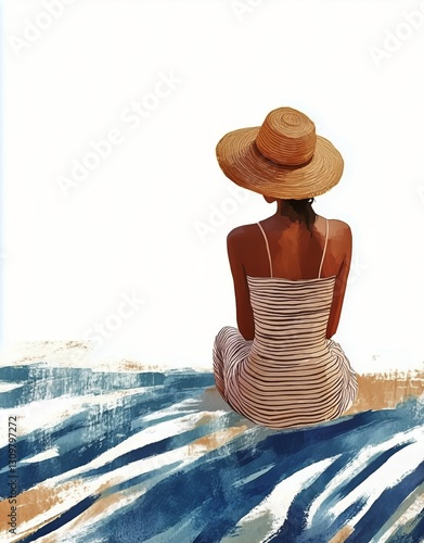 Woman Enjoying a Peaceful Moment by the Ocean at Sunset Wearing a Straw Hat a...