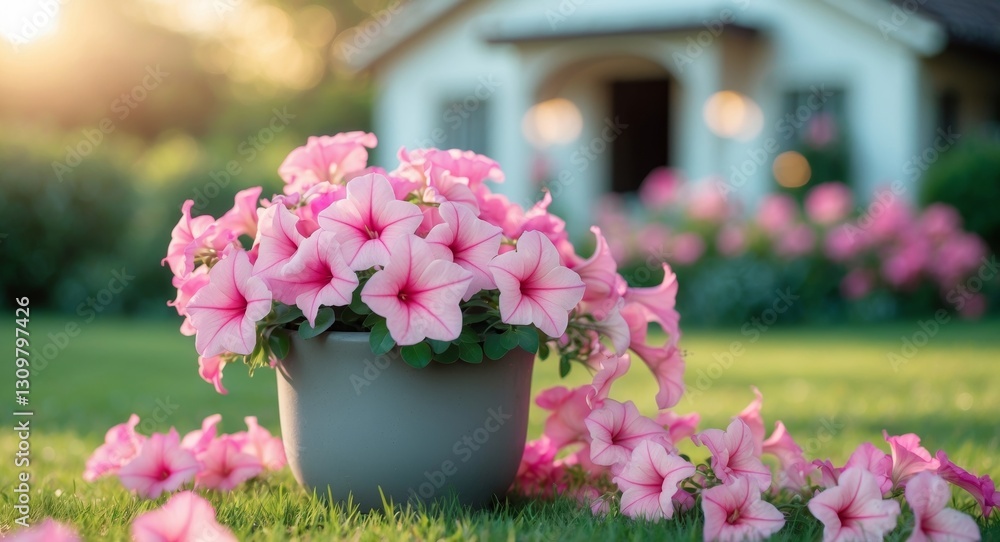 Obraz premium Pink Petunias in Gray Pot Garden House Lawn.