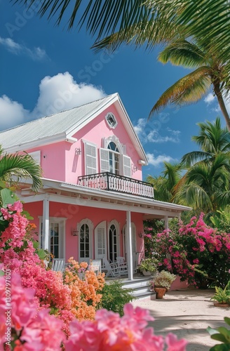 Beautiful Pink House Surrounded by Tropical Plants in a Sunny Tropical Setting