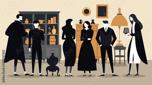 A group of friends dressed in all black browse through unique antique furniture their minimalist street style making the perfect contrast to the. Vector illustration