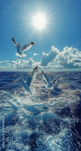 Seagulls Flying Over Sparkling Ocean Waves Under a Bright Sun in the Afternoo...