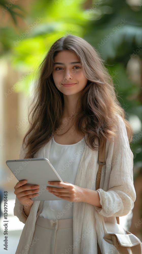 A young Indian college student stands on campus with a tablet in hand. A young Indian college student stands on campus with a tablet in hand.