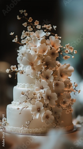 Elegant Three-Tier Wedding Cake Adorned With Delicate White Flowers and Branches