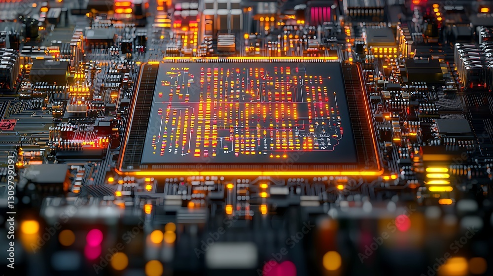 Obraz premium Close-up view of a vibrant microchip with glowing circuitry, showcasing intricate details and technology