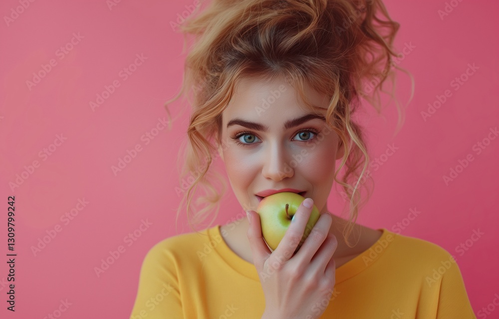 A lovely, contented woman with a pink backdrop and a colorful top chewing a crunchy green apple, healthy food and losing weight. . A lovely, contented woman with a pink backdrop and a colorful top chewing a crunchy green apple, healthy food and losing weight. .