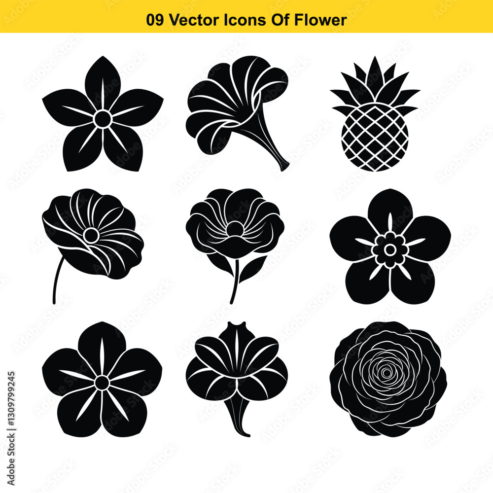 Obraz premium Nine vector icons of various flowers botanical illustrations floral silhouettes graphic design elements