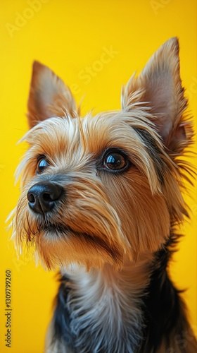 Profile of a Small Yorkshire Terrier Against a Vibrant Yellow Background