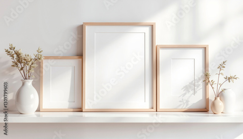 Elegant photo collage frames on floating shelf with natural light, home decor