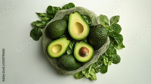 Fresh Avocados in a Reusable Bag With Green Leaves on a Light Background