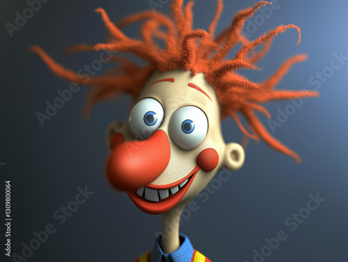 Cheerful clown character with orange curly hair and big smile against soft gray background copy space
