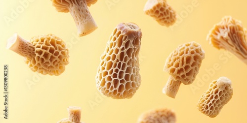 Wallpaper Mural Floating morel mushrooms with honeycomb-like texture on a soft yellow background Torontodigital.ca