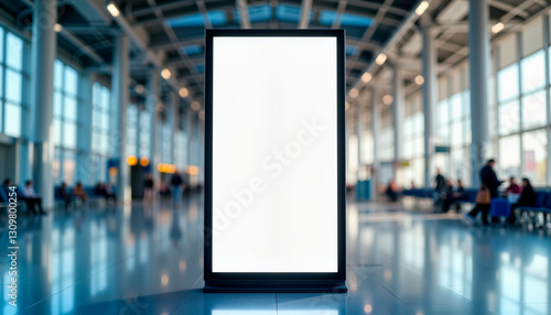 Blank digital banner mockup in airport terminal, modern advertisement