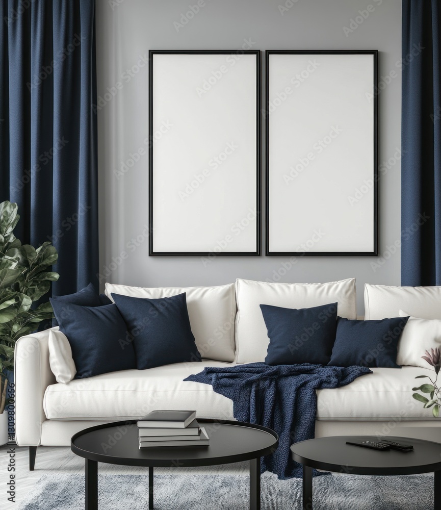 Modern living room with two blank frames on gray wall, white sofa, navy blue accents, and a coffee table. Modern living room with two blank frames on gray wall, white sofa, navy blue accents, and a coffee table.