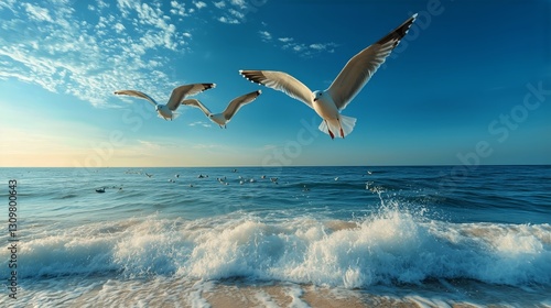 Seagulls Flying Over Waves at Sunset on a Serene Beach
