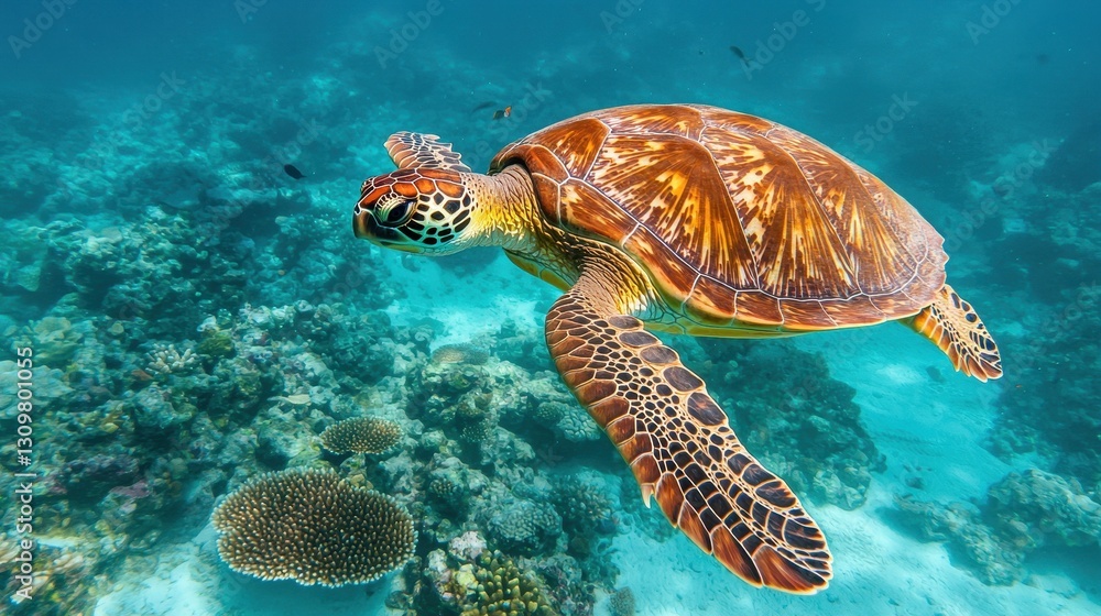 Fototapeta premium Graceful Sea Turtle Swimming Over Vibrant Coral Reef Underwater