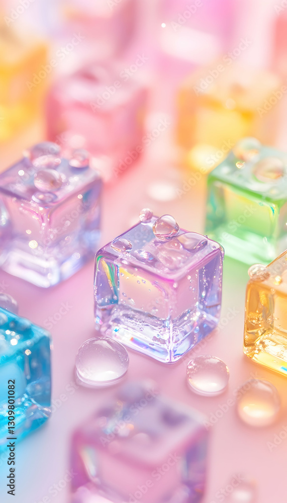 Pastel rainbow ice cubes with water droplets on pink background. Pastel rainbow ice cubes with water droplets on pink background.