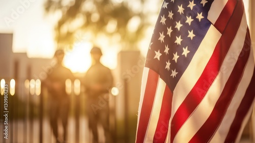 Close-up of the American flag with a blurred background of soldiers on guard. With soft sunlight. Generative AI