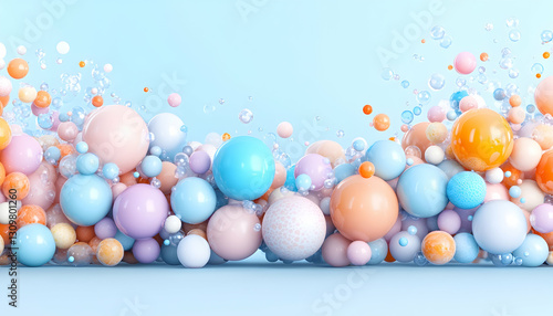 Pastel spheres and bubbles float on a light blue background