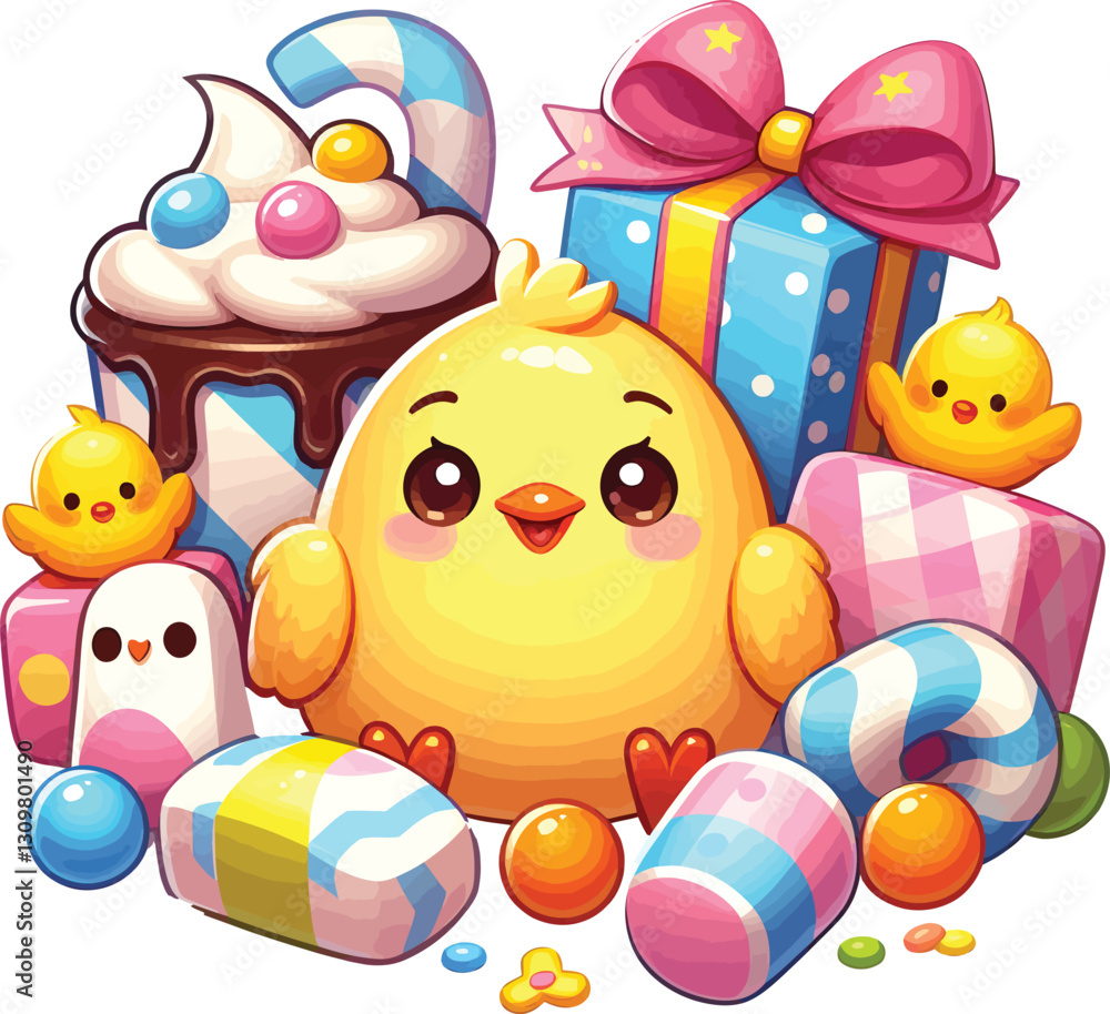 Fototapeta premium set of easter eggs and toys, gift box