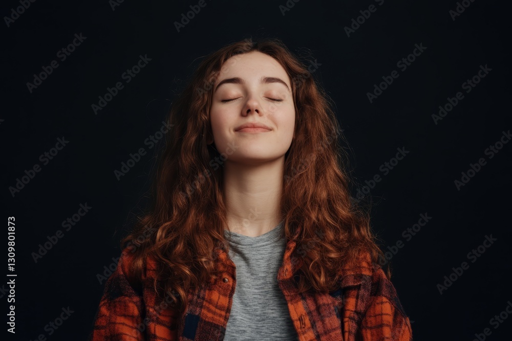 Calm young woman with curly hair enjoying a moment of serenity against a dark background Calm young woman with curly hair enjoying a moment of serenity against a dark background