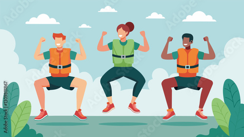 A group of individuals wearing weighted vests and doing squat jumps in unison testing their strength in the outdoor fitness bootcamp.. Vector illustration