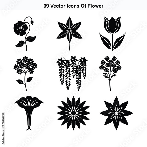 Nine vector icons of various flower types and styles in black silhouette