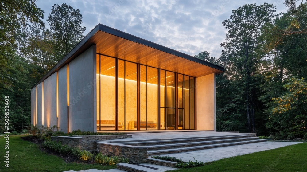 A large house with a lot of windows and a stone walkway A large house with a lot of windows and a stone walkway