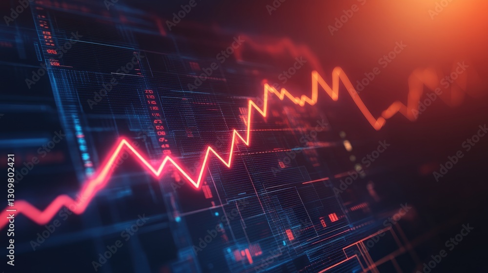 A glowing digital visualization of financial market fluctuations displays data A glowing digital visualization of financial market fluctuations displays data