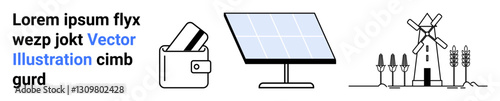 Wallet with cards, solar panel, and windmill farm with trees. Ideal for eco-friendly technology, renewable energy, sustainability, financial management, green energy solutions, environmental