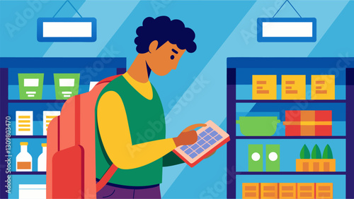 An image of a student browsing the aisles of a grocery store with a calculator in hand trying to stretch their loan money to cover food for the. Vector illustration