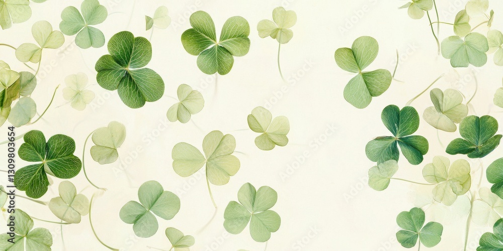Floating pale green clover leaves on a soft ivory background Floating pale green clover leaves on a soft ivory background