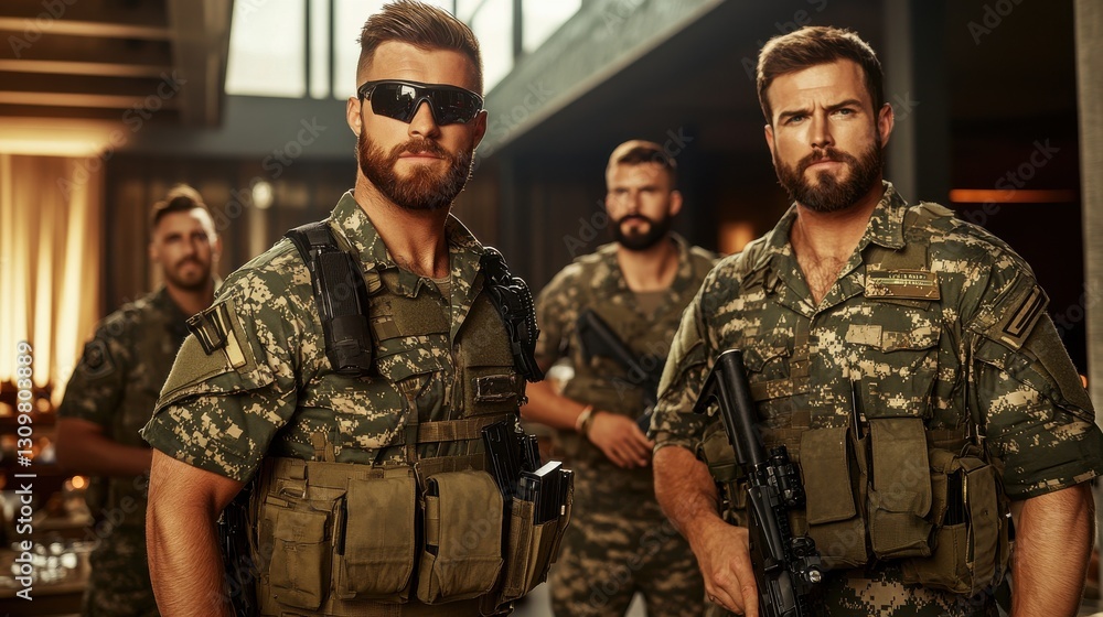 Fototapeta premium Portrait of a smart standing male soldier. Generative AI