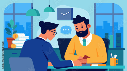 In a brightly lit office a financial advisor comforts and counsels a client who is overwhelmed by their student loan debt helping them create a. Vector illustration