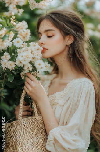 Young Woman in a Field Holding a Basket of Daisies While Enjoying the Warm Su...