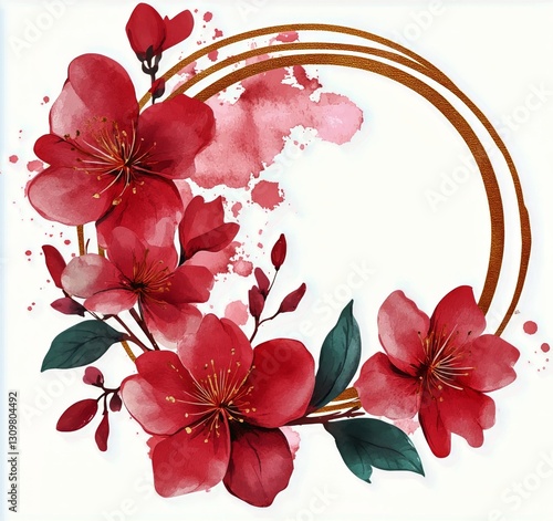 Vibrant Red Flowers With Artistic Watercolor Splashes and Circular Outline De...