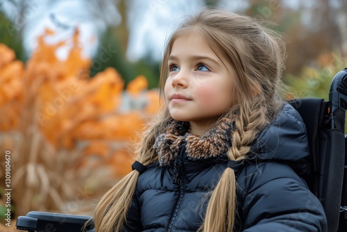 Young Girl With Curly Hair Gazing Thoughtfully Outdoors in a Lush Garden Setting