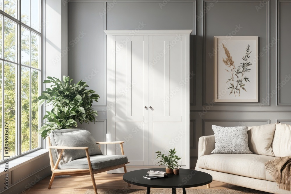 Fototapeta premium Modern living room with white cabinet, featuring a cozy armchair, beige couch, and large window.