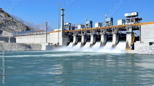 Hydroelectric dam releases water into river near mountains under clear sky