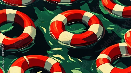 Lifebuoys Floating in a Tranquil Swimming Pool During a Sunny Day in Summer