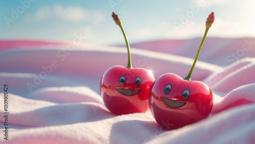 Two smiling cherries enjoying a sunny day on picnic blanket photo