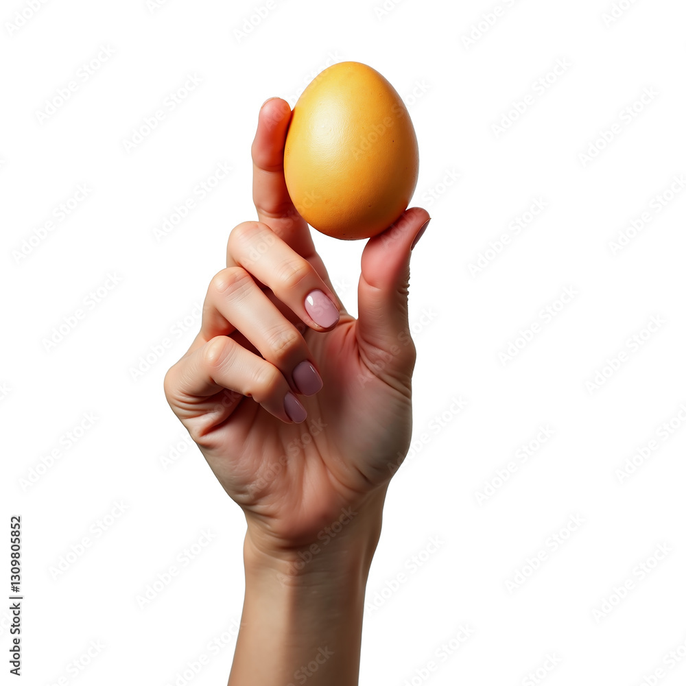 Woman hand holding smooth orange or brown egg above white background with natural lighting Woman hand holding smooth orange or brown egg above white background with natural lighting