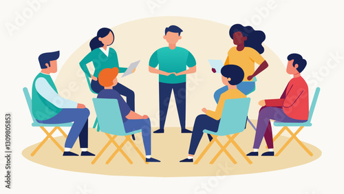 Workers and supervisors sitting on folding chairs in a semicircle engaging in a QA session about the project and addressing any concerns or questions.. Vector illustration