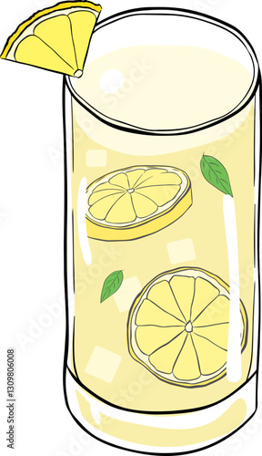 Lemonade in a glass with pieces of lemon and mint leaves/ Graphic line ink illustration vector isolated non-alcoholic cocktail.  Summer chill refresh drink.