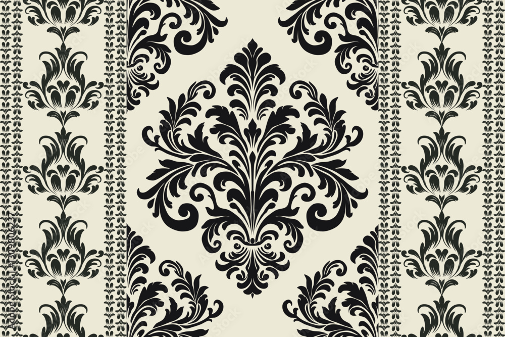 Elegant black and cream damask seamless pattern with intricate floral and baroque ornamental elements, ideal for luxury wallpapers, textiles, home decor, vintage designs, and classic backgrounds. Elegant black and cream damask seamless pattern with intricate floral and baroque ornamental elements, ideal for luxury wallpapers, textiles, home decor, vintage designs, and classic backgrounds.