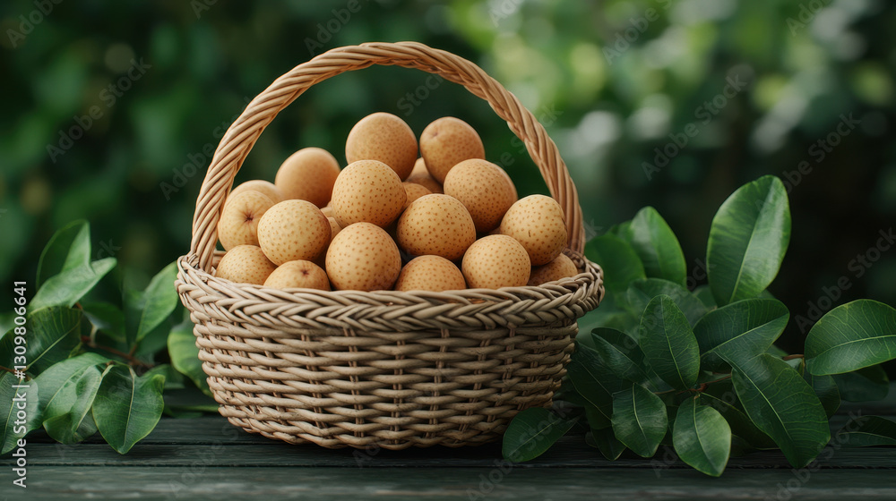 Fresh longan fruits in woven basket surrounded by green leaves Fresh longan fruits in woven basket surrounded by green leaves