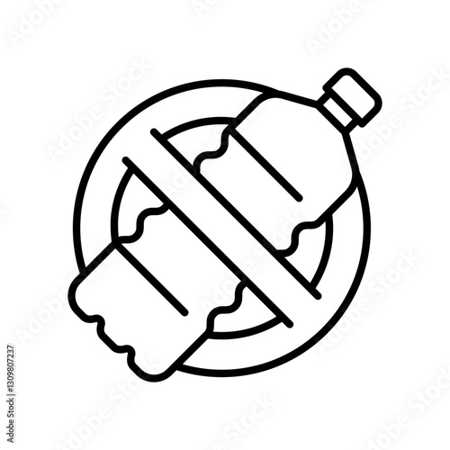 Prohibition linear sign over plastic bottle. No plastic outline icon. Environmental protection, waste reduction and pollution prevention symbol. Eco conservation and reducing consumerism badge