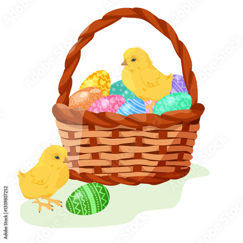 Illustration of basket full of colorful decorated Easter eggs and chick on a isolated background. Template for greeting card, invitation